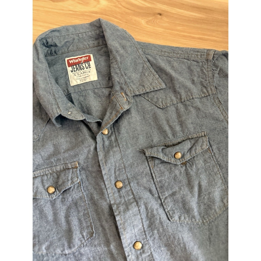 Wrangler Mens XL Denim Chambray Pearl Snap Western Light Blue Button Down Shirt